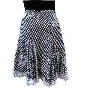 Vintage Mid-length skirt black & white check pattern & floral embroidery Small